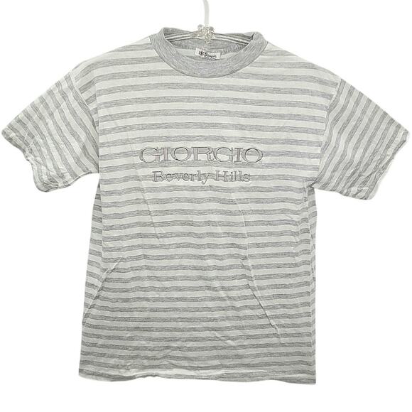 Giorgio Beverly Hills Vintage 80s Embroidered Striped Short Sleeve T Shirt - Picture 1 of 9